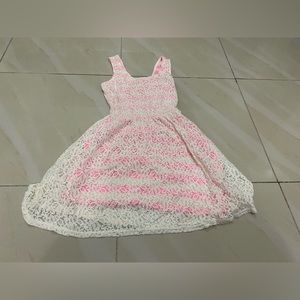 Youth Size S Pink And White Striped Dress With Floral Lace Overlay